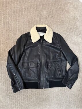 Treasure & Bond Black Bomber Jacket with Cream Faux Sherpa Collar
